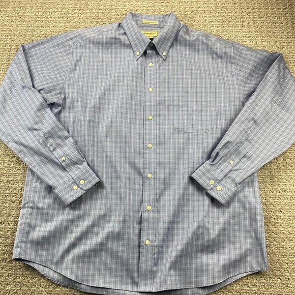 Eddie Bauer Shirt Men Extra Large Tall XLT Blue Checkered Wrinkle Resistant Polo - Picture 1 of 9